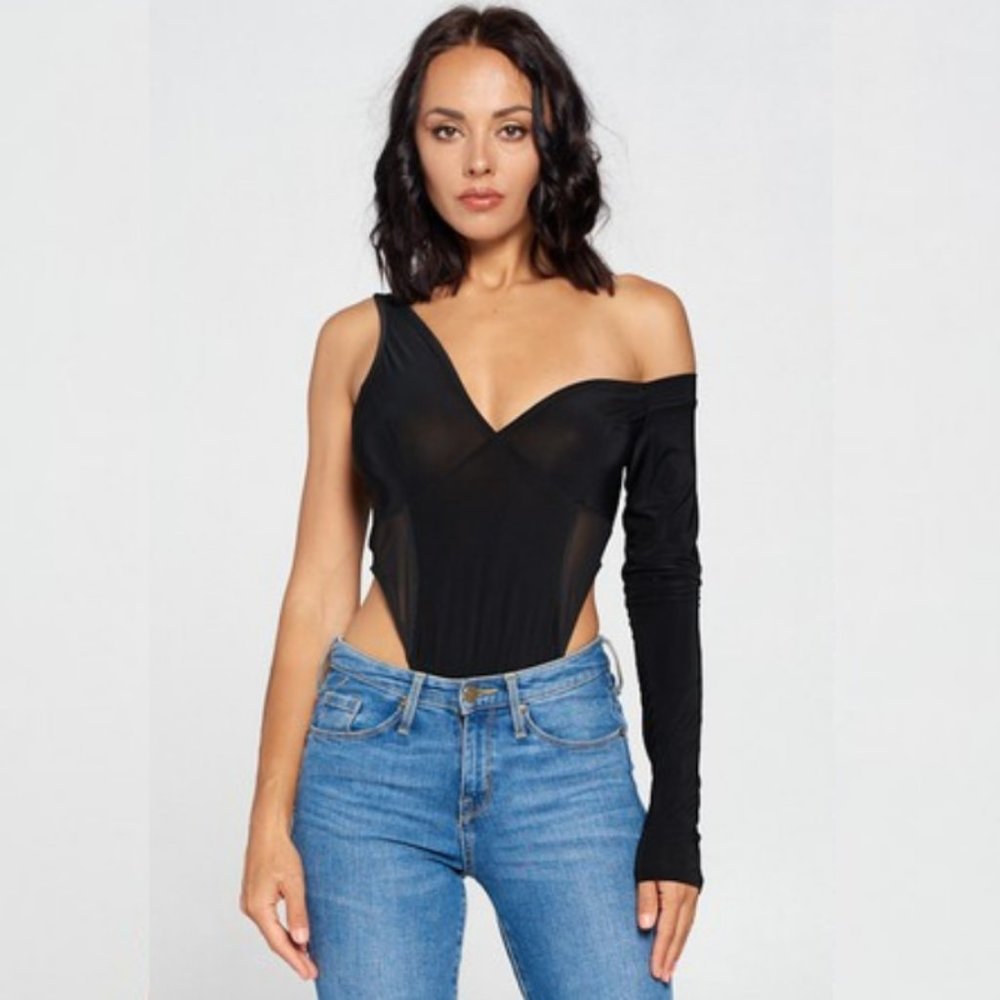 Asymmetrical Off Shoulder Mesh Bodysuit Black